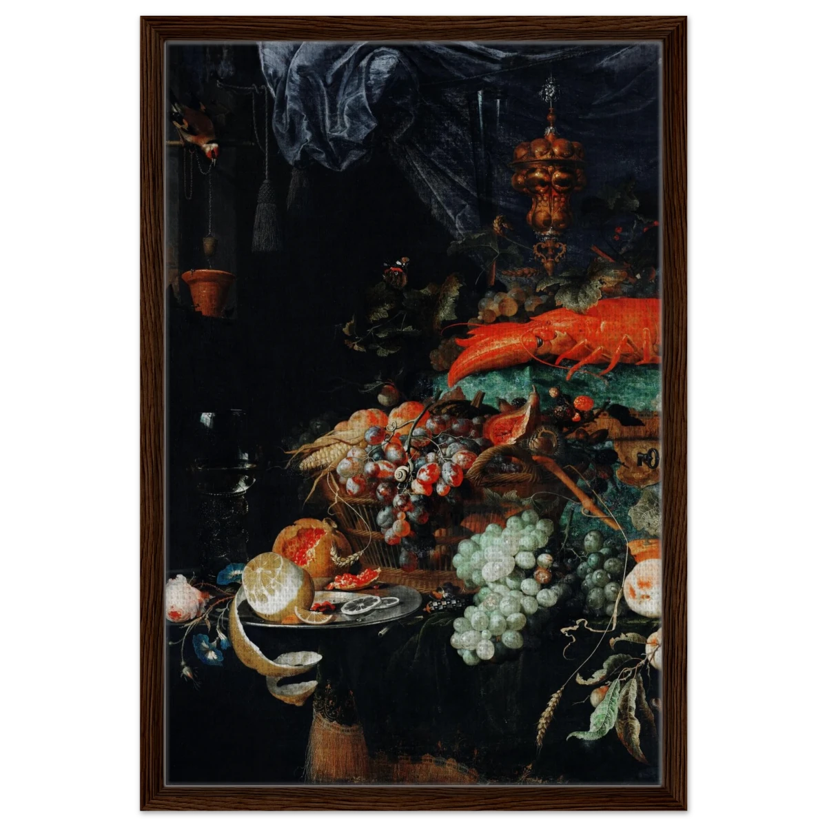 Fruits and Lobster by Abraham Mignon | Wall art Print - Framed Canvas - 50x75 cm / 20x30″ - Dark wood frame