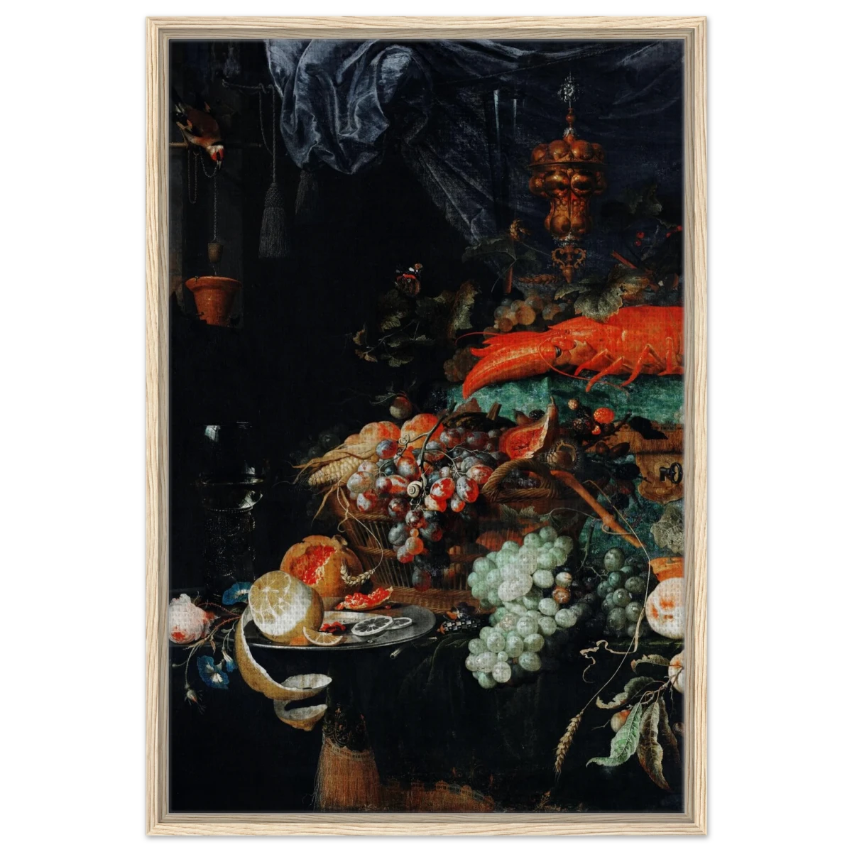 Fruits and Lobster by Abraham Mignon | Wall art Print - Framed Canvas - 60x90 cm / 24x36″ - Wood frame