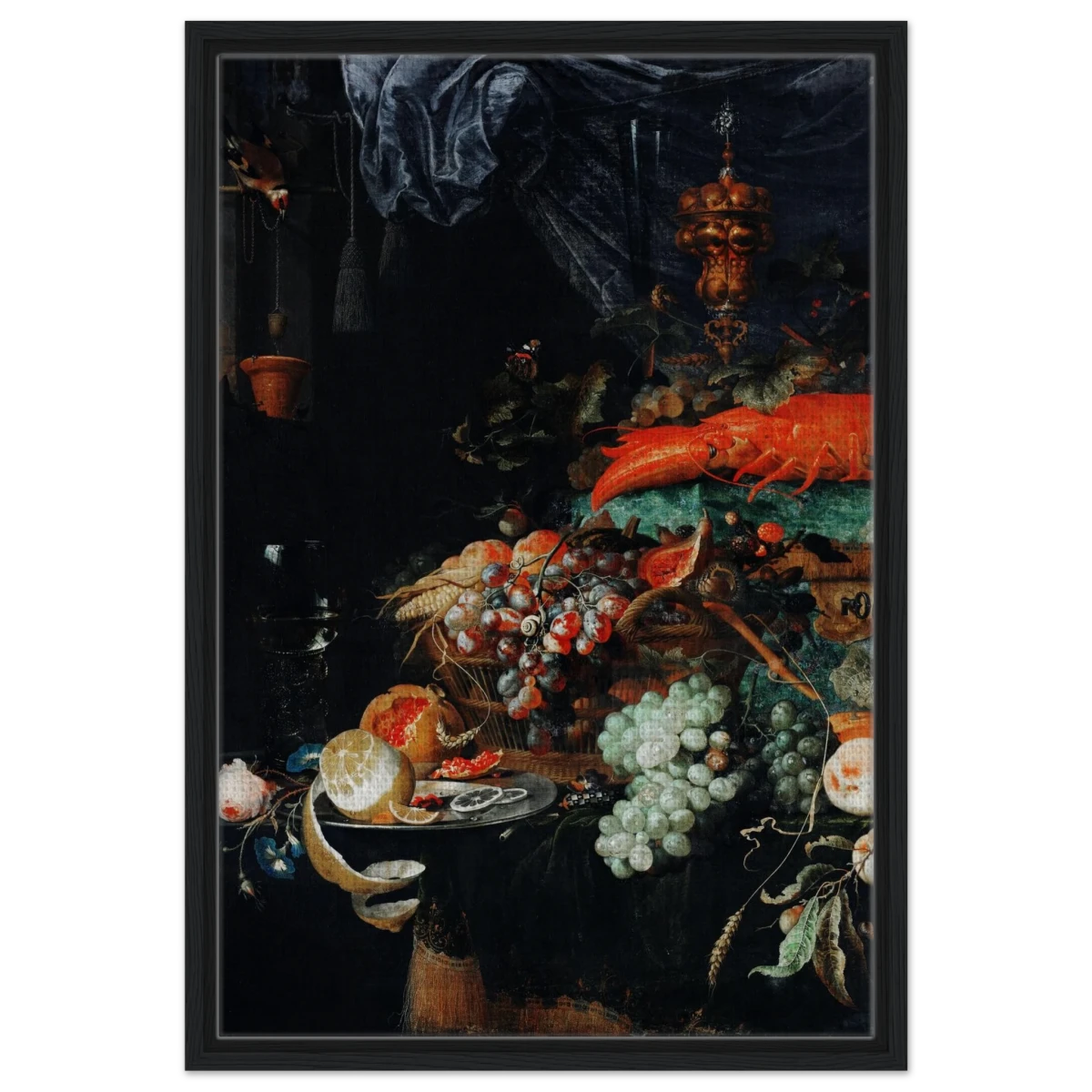 Fruits and Lobster by Abraham Mignon | Wall art Print - Framed Canvas - 50x75 cm / 20x30″ - Black frame