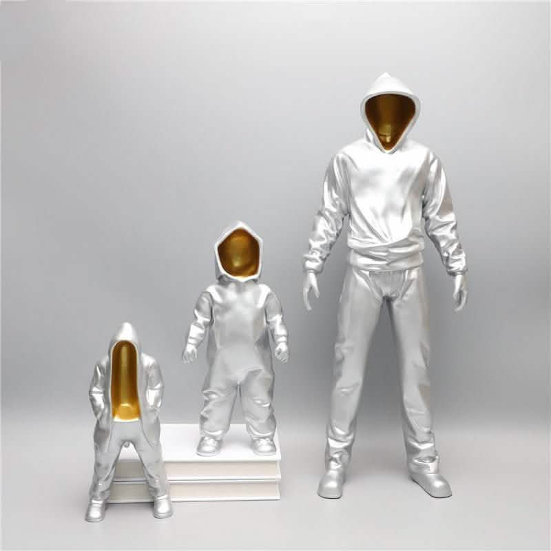 Futuristic Hooded Figures Sculpture Set – Modern Silver & Gold Abstract Resin Statues for Contemporary Home Décor - A - Silver -