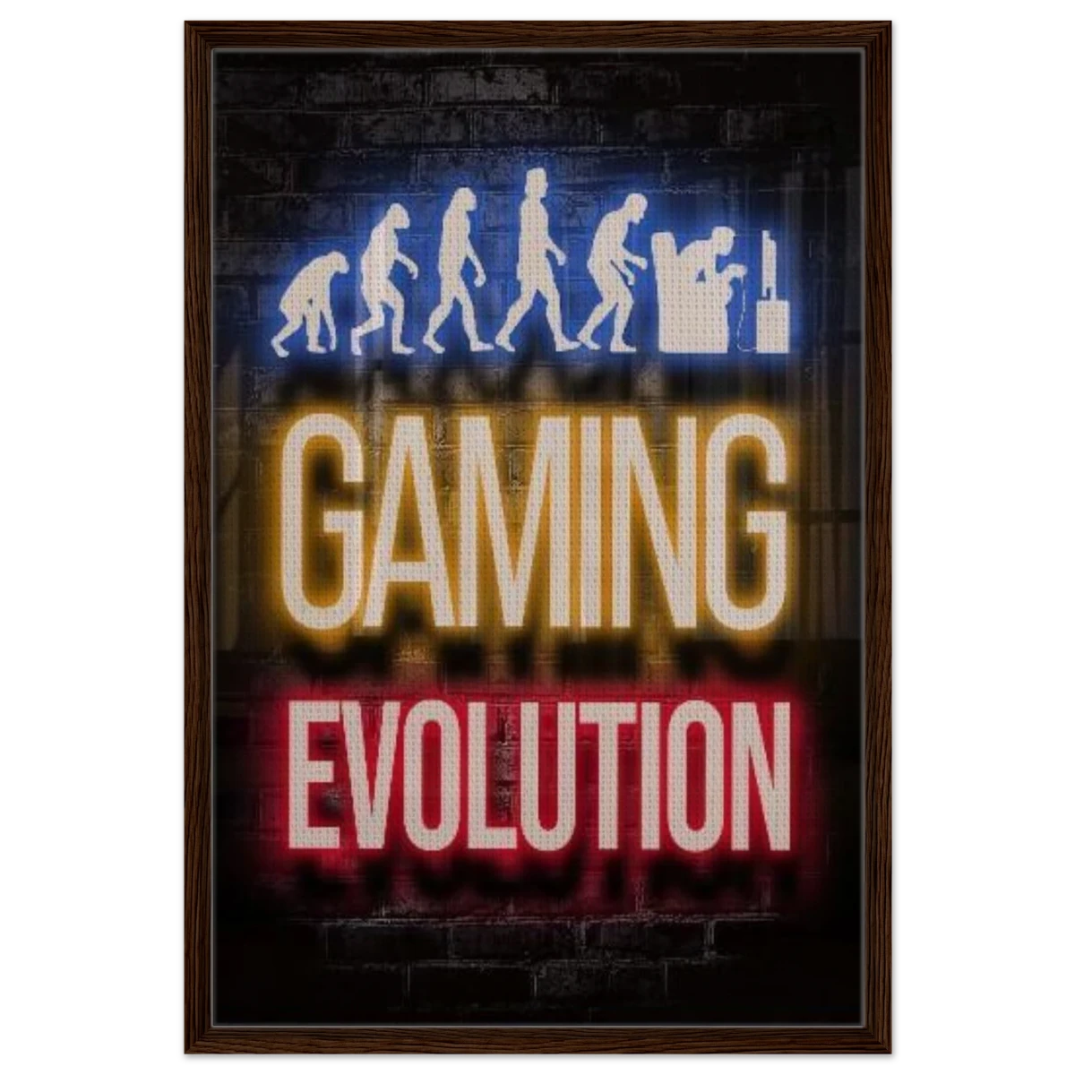 Gaming Evolution – The Rise of a Gamer | Pop art Wall art Print - Framed Canvas - 60x90 cm / 24x36″ - Dark wood frame