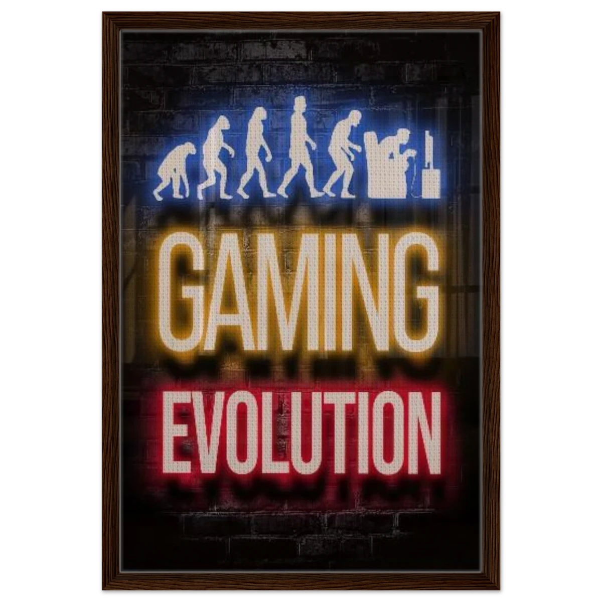 Gaming Evolution – The Rise of a Gamer | Pop art Wall art Print - Framed Canvas - 50x75 cm / 20x30″ - Dark wood frame