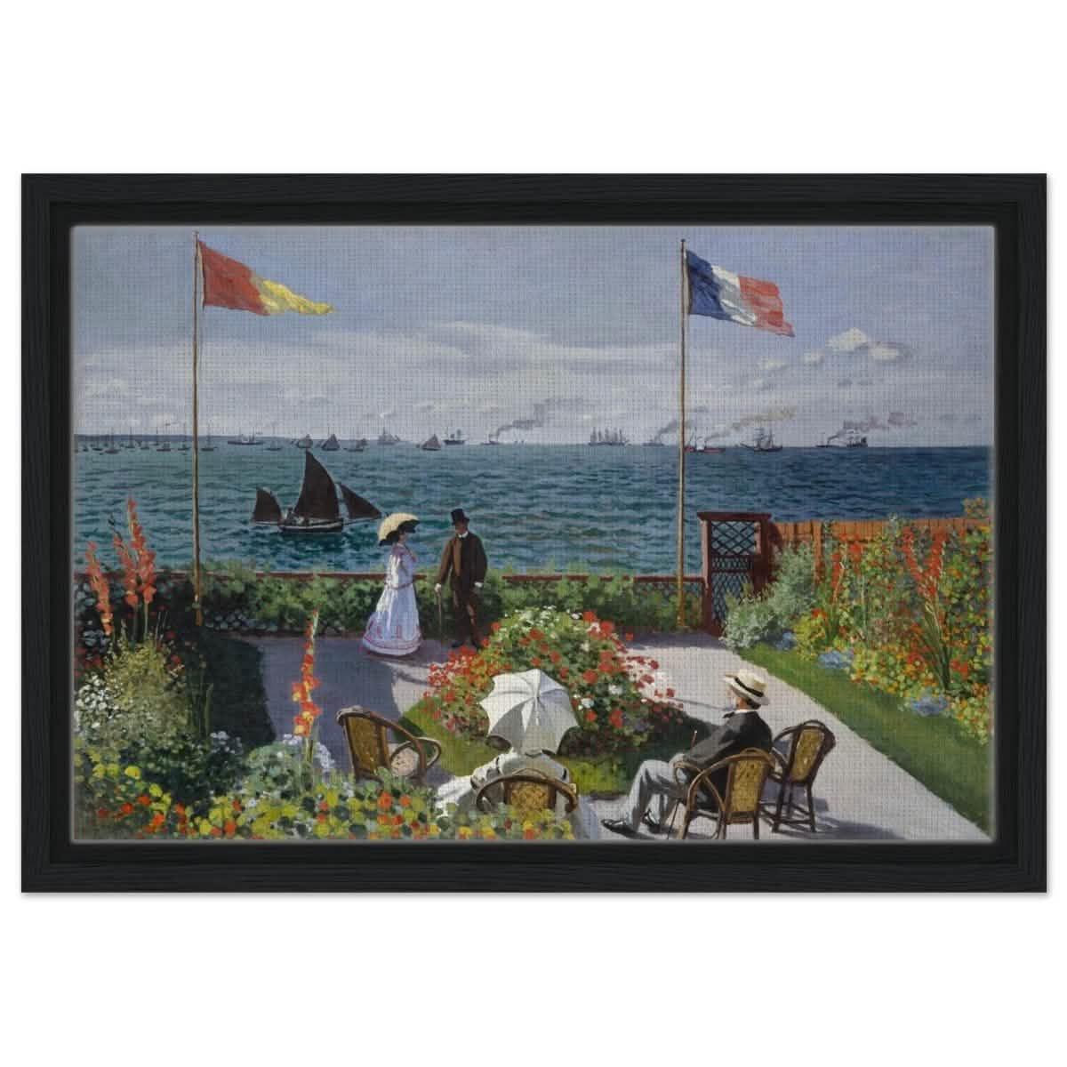Garden at Sainte - Adresse by Claude Monet | Vintage wall art print - Framed Canvas - 30x45 cm / 12x18″ - Black frame