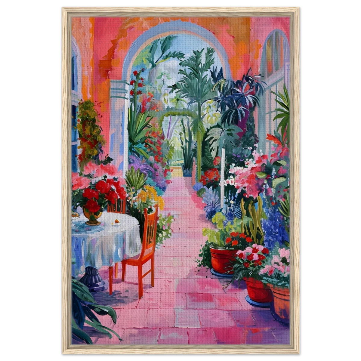 "Garden of Morning Light" – Blooming Terrace Escape | Wall Art Print - Framed Canvas - 60x90 cm / 24x36″ - Wood frame