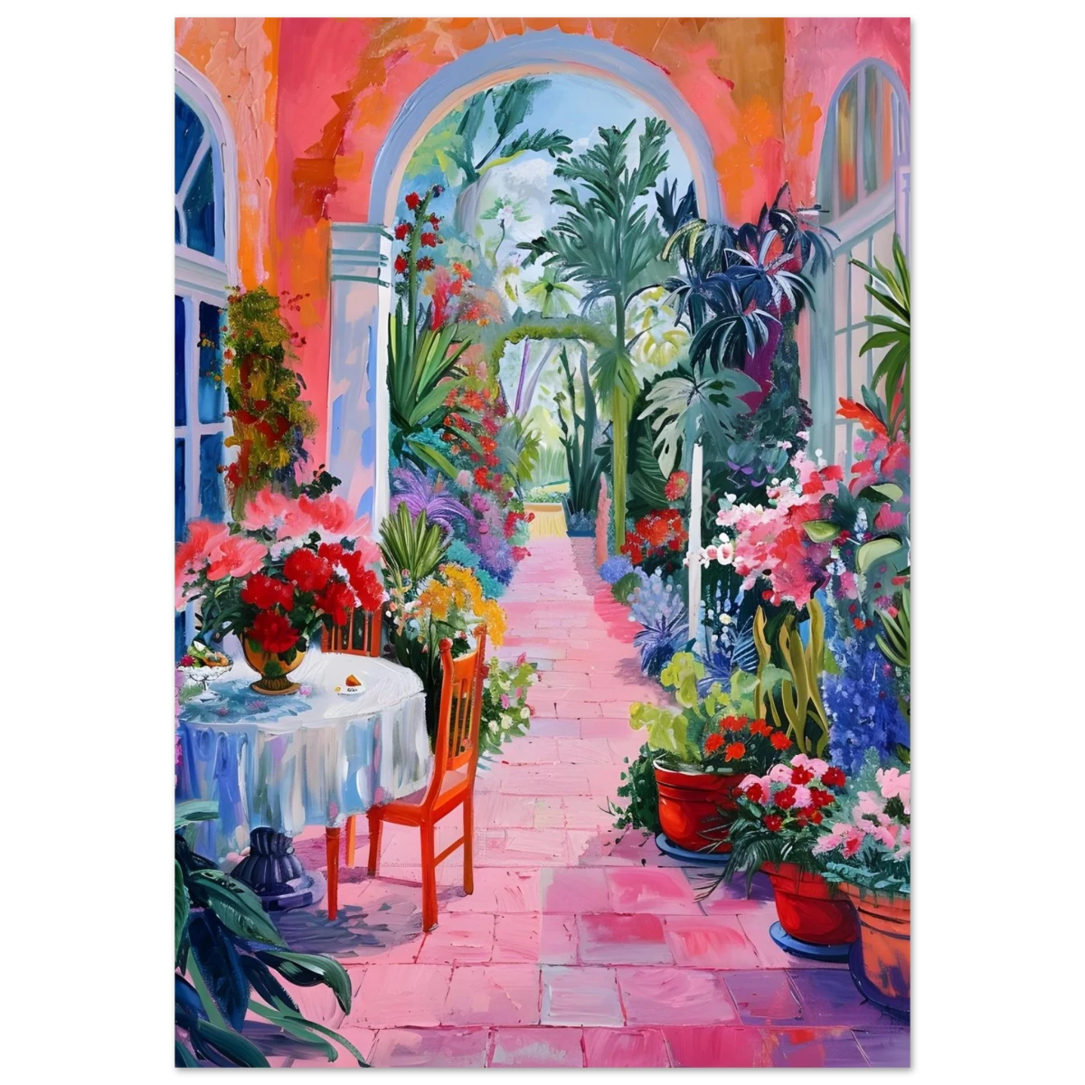 "Garden of Morning Light" – Blooming Terrace Escape | Wall Art Print - Fine Art Poster - 70x100 cm / 28x40″ -