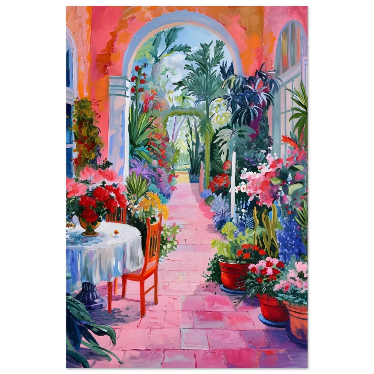 "Garden of Morning Light" – Blooming Terrace Escape | Wall Art Print - Fine Art Poster - 60x90 cm / 24x36″ -