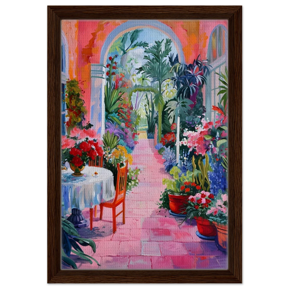 "Garden of Morning Light" – Blooming Terrace Escape | Wall Art Print - Framed Canvas - 30x45 cm / 12x18″ - Dark wood frame