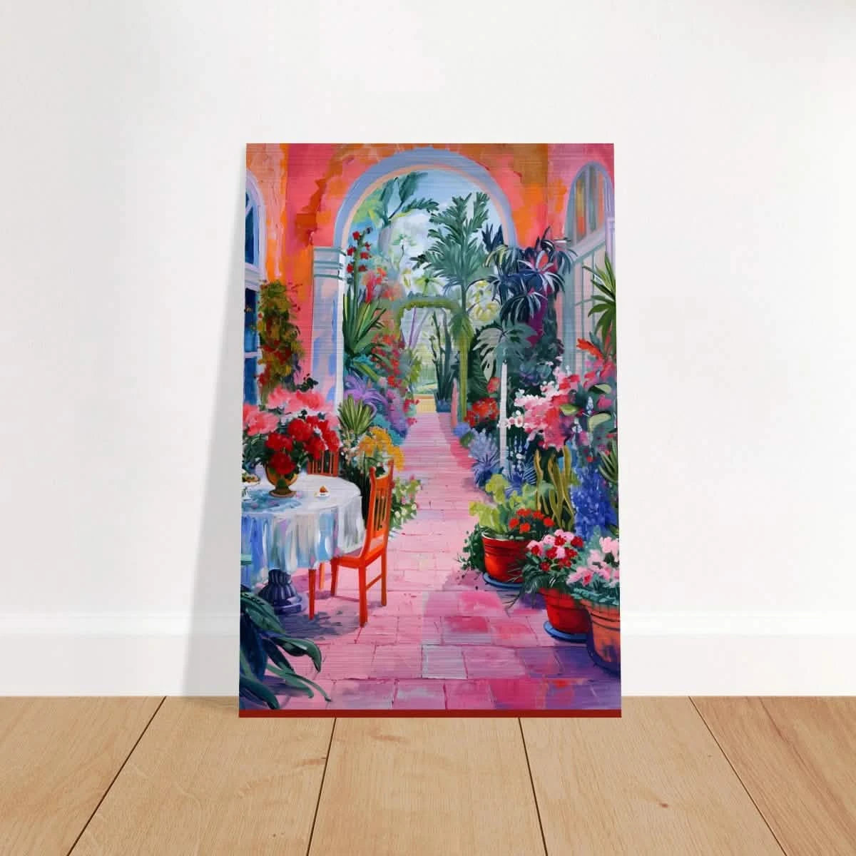 "Garden of Morning Light" – Blooming Terrace Escape | Wall Art Print - Brushed Aluminum Print - 40x60 cm / 16x24″ -