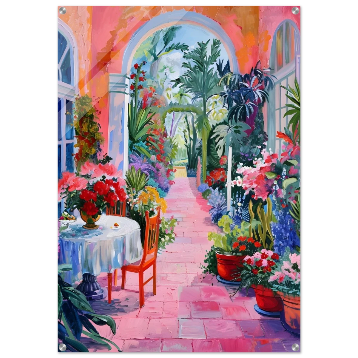 "Garden of Morning Light" – Blooming Terrace Escape | Wall Art Print - Acrylic Print - 70x100 cm / 28x40″ -