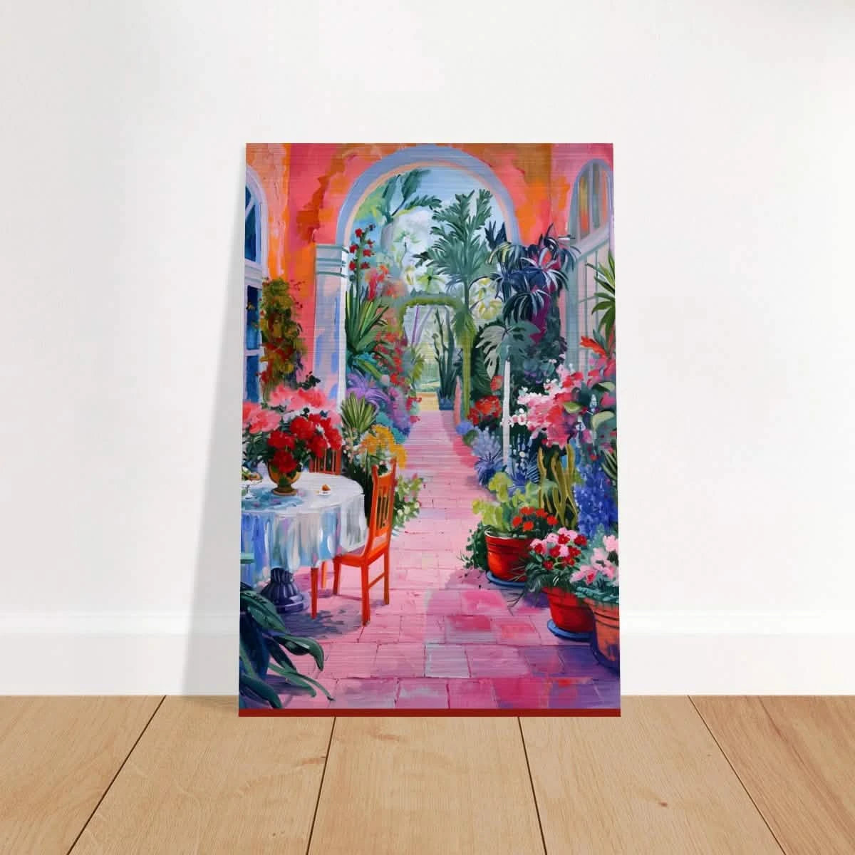 "Garden of Morning Light" – Blooming Terrace Escape | Wall Art Print - Brushed Aluminum Print - 50x75 cm / 20x30″ -