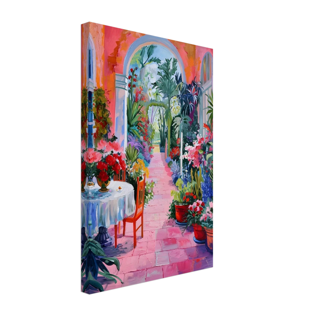 "Garden of Morning Light" – Blooming Terrace Escape | Wall Art Print - Canvas - 30x45 cm / 12x18″ -