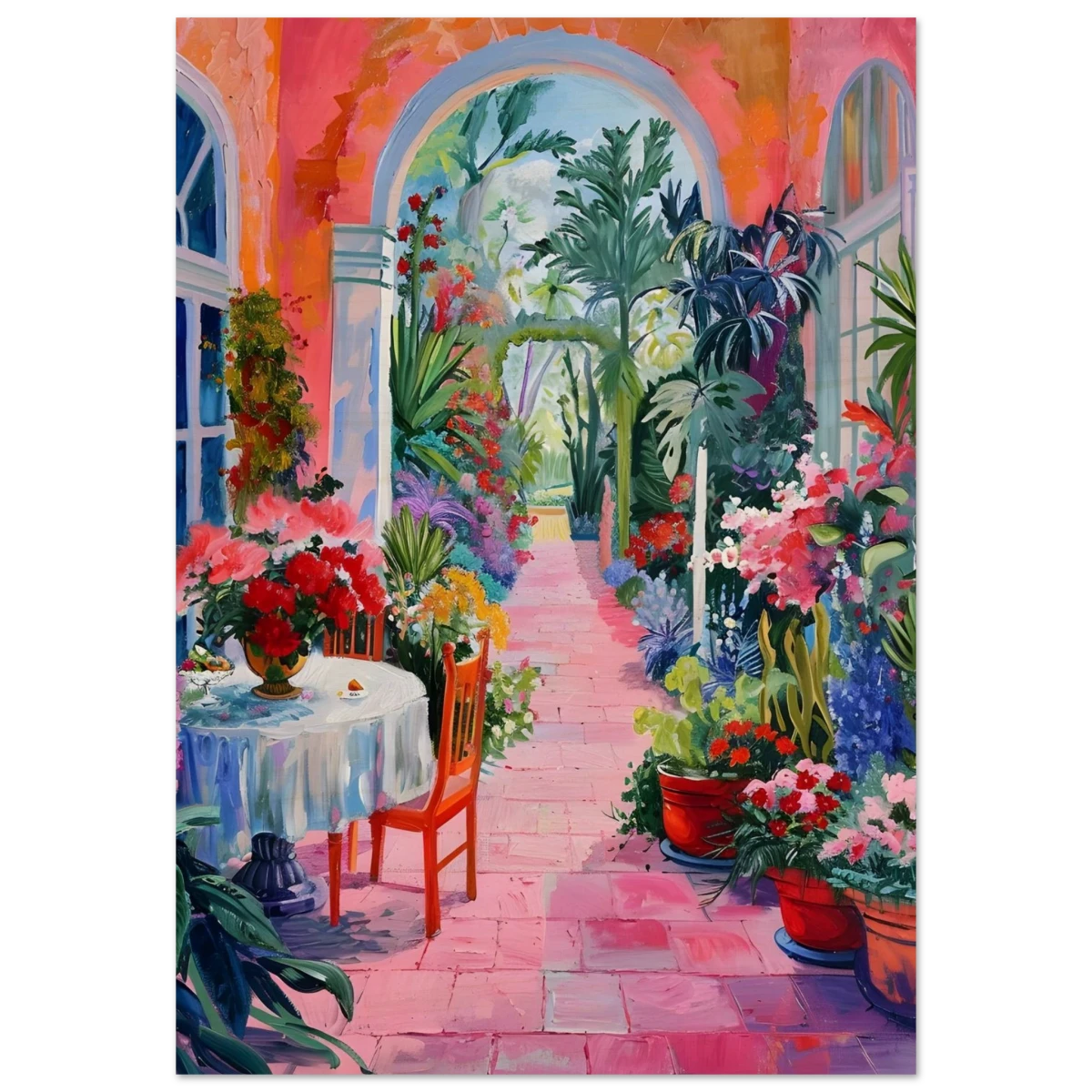 "Garden of Morning Light" – Blooming Terrace Escape | Wall Art Print - Wood Prints - 70x100 cm / 28x40″ -