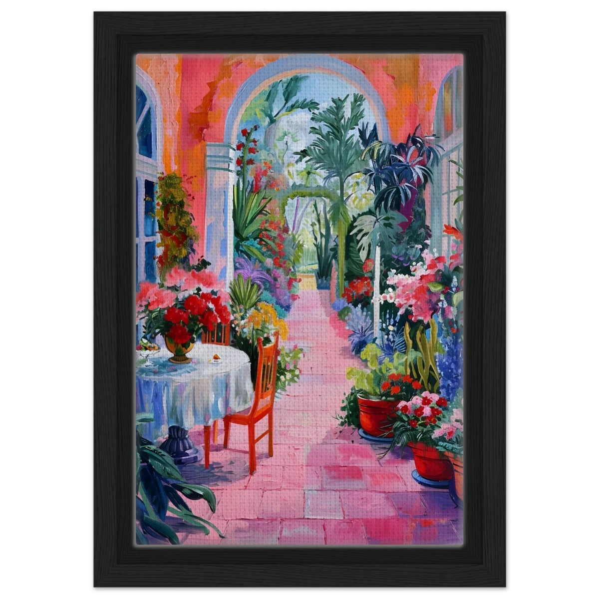 "Garden of Morning Light" – Blooming Terrace Escape | Wall Art Print - Framed Canvas - 20x30 cm / 8x12″ - Black frame