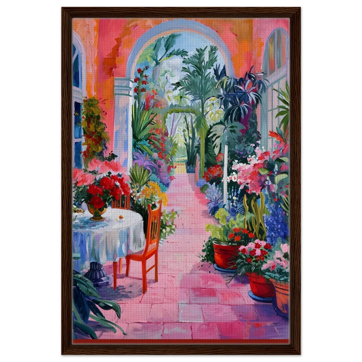 "Garden of Morning Light" – Blooming Terrace Escape | Wall Art Print - Framed Canvas - 50x75 cm / 20x30″ - Dark wood frame
