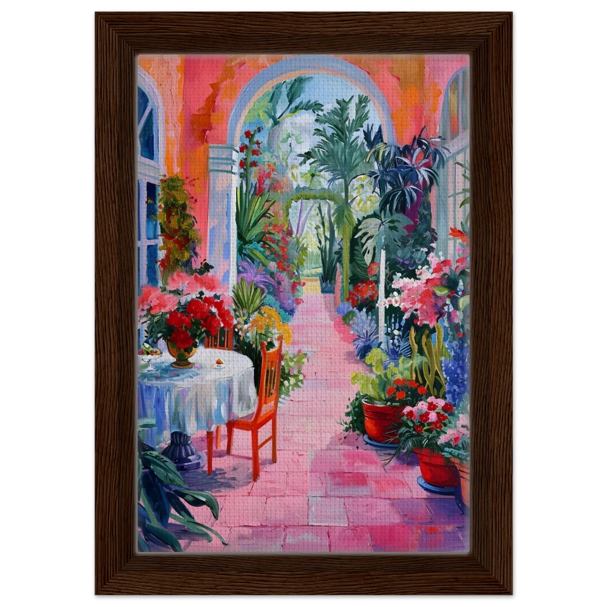 "Garden of Morning Light" – Blooming Terrace Escape | Wall Art Print - Framed Canvas - 20x30 cm / 8x12″ - Dark wood frame