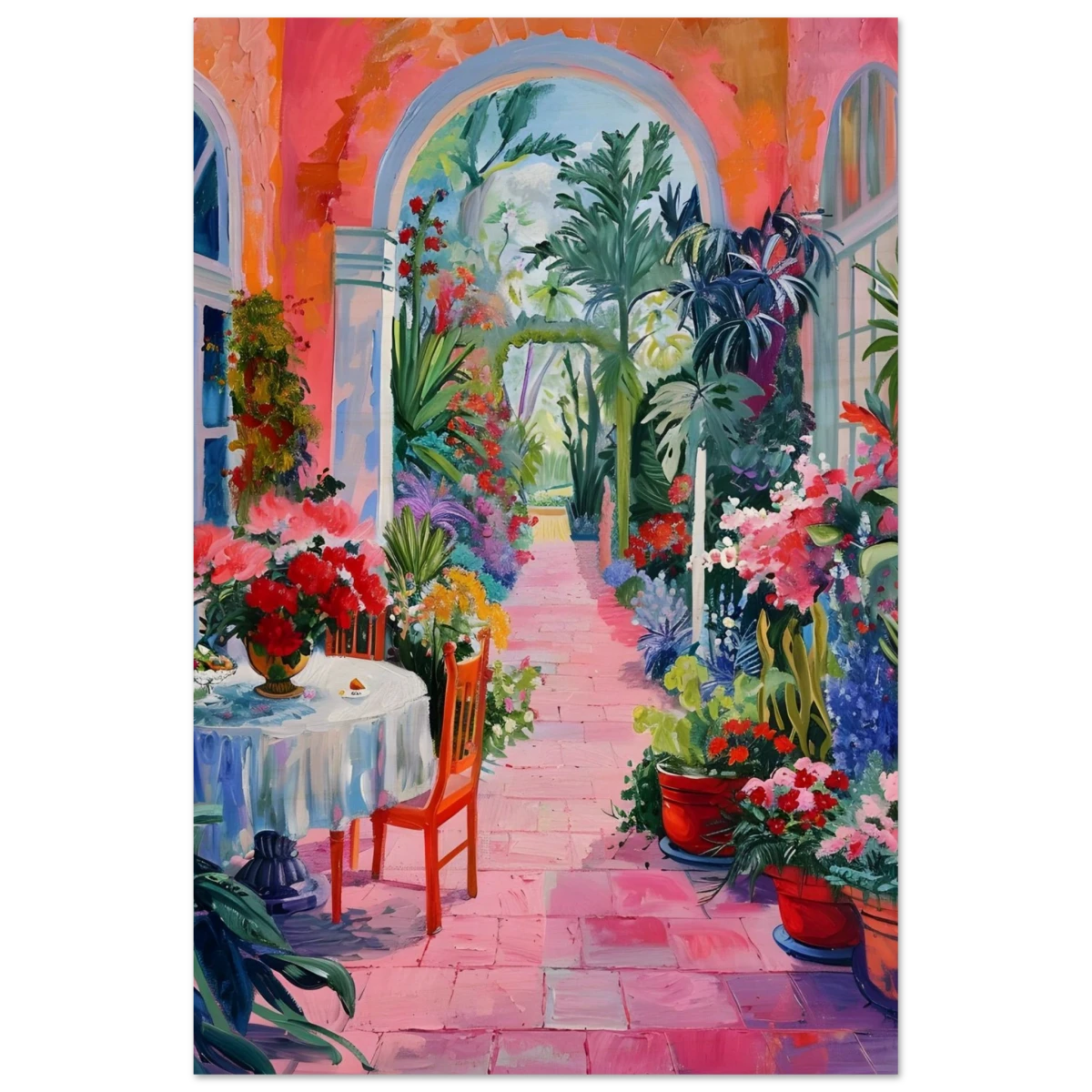 "Garden of Morning Light" – Blooming Terrace Escape | Wall Art Print - Wood Prints - 20x30 cm / 8x12″ -