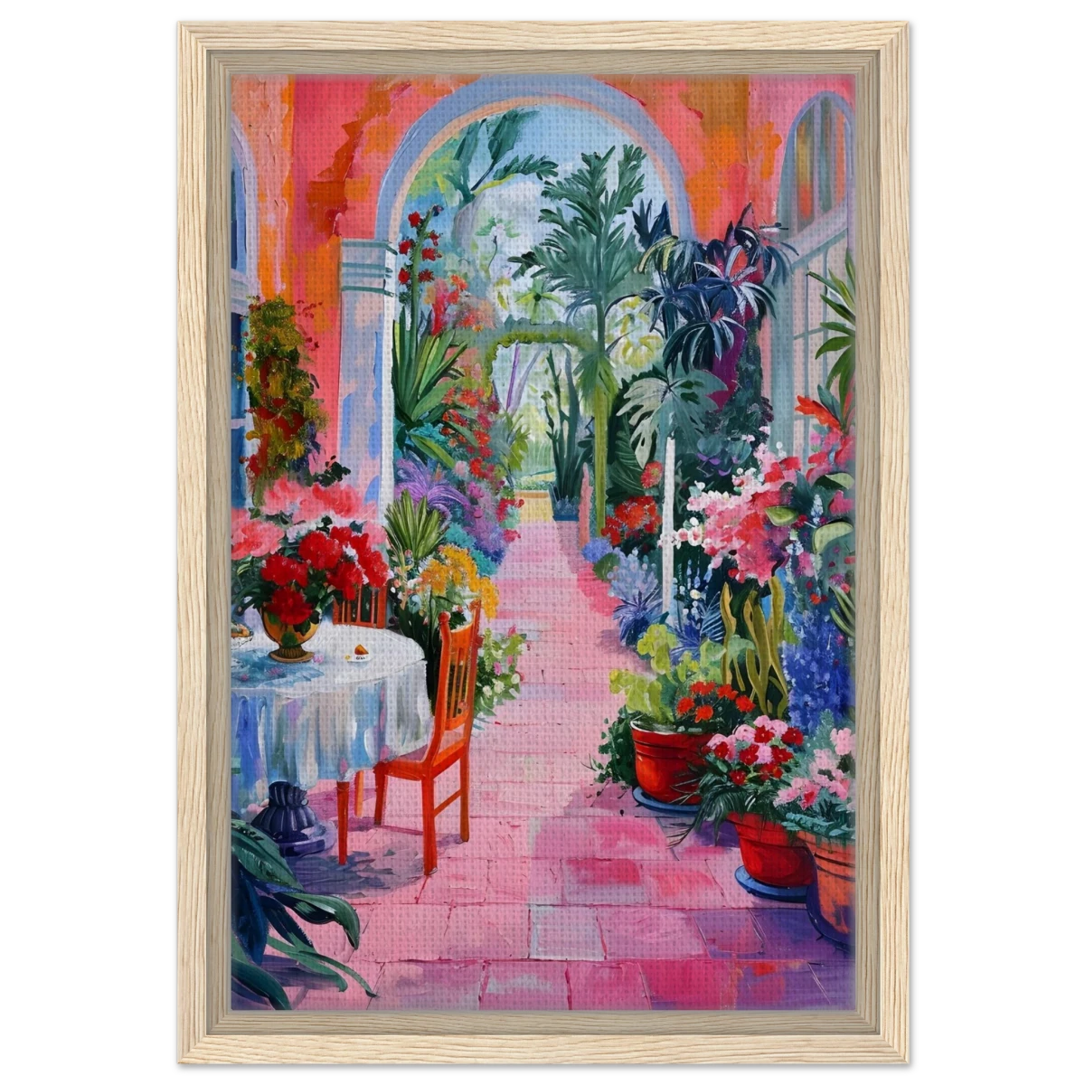 "Garden of Morning Light" – Blooming Terrace Escape | Wall Art Print - Framed Canvas - 30x45 cm / 12x18″ - Wood frame