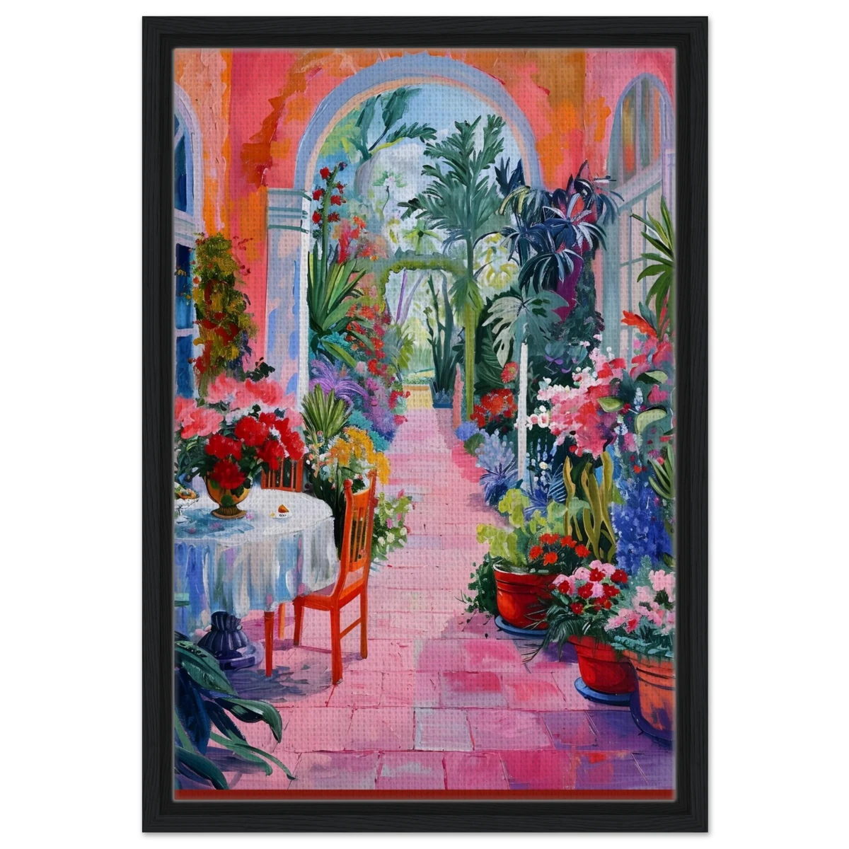 "Garden of Morning Light" – Blooming Terrace Escape | Wall Art Print - Framed Canvas - 40x60 cm / 16x24″ - Black frame