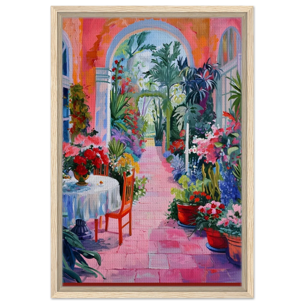 "Garden of Morning Light" – Blooming Terrace Escape | Wall Art Print - Framed Canvas - 40x60 cm / 16x24″ - Wood frame