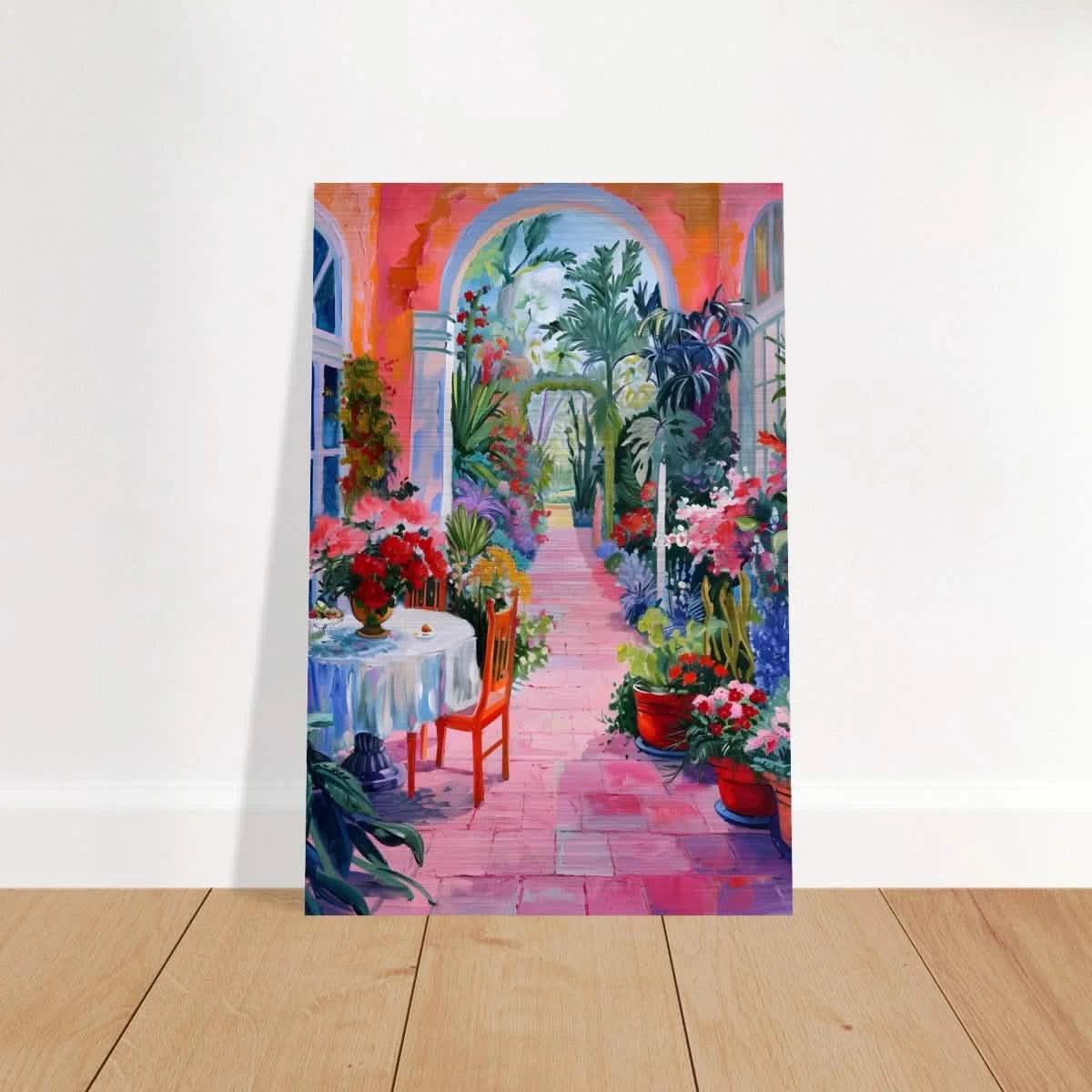 "Garden of Morning Light" – Blooming Terrace Escape | Wall Art Print - Brushed Aluminum Print - 20x30 cm / 8x12″ -