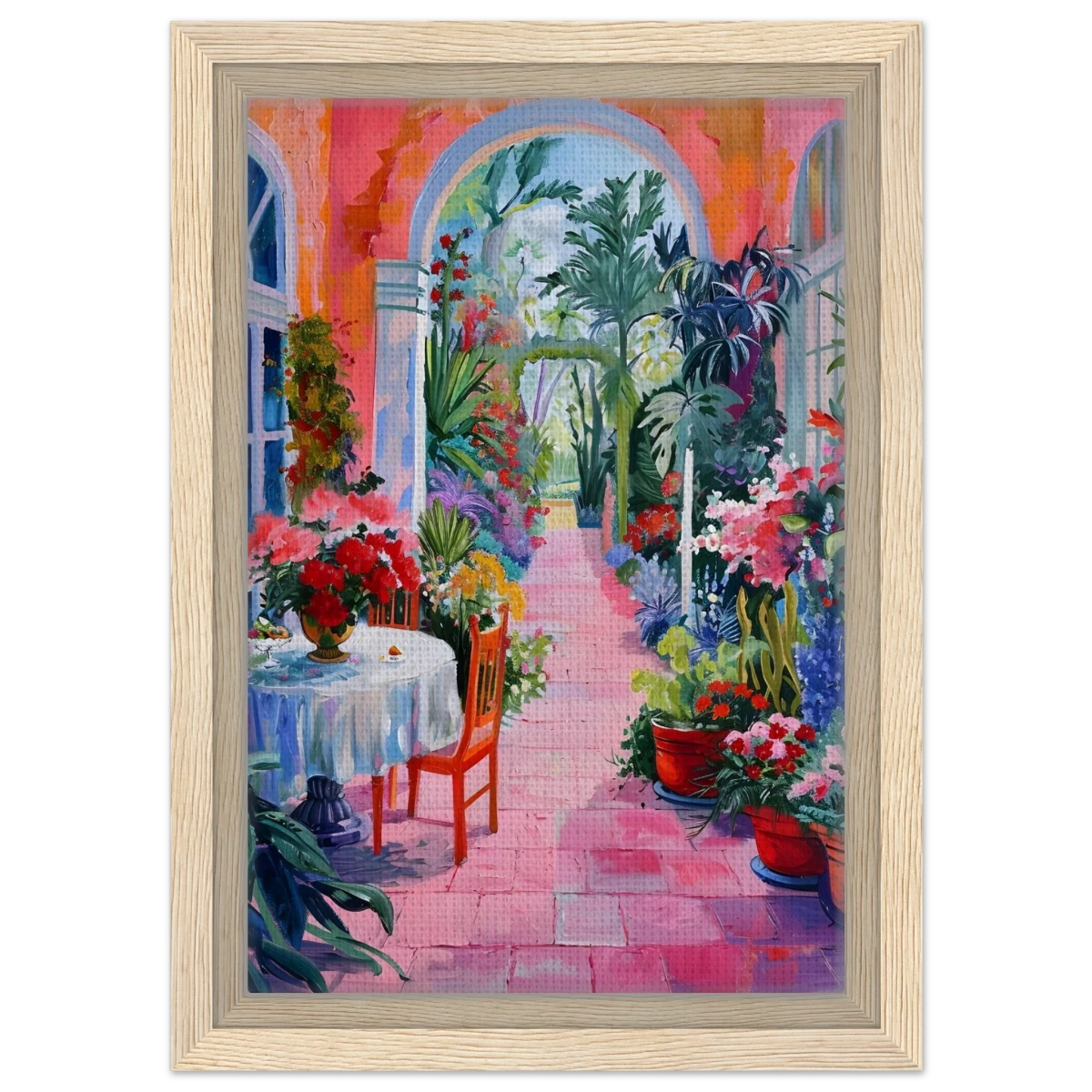 "Garden of Morning Light" – Blooming Terrace Escape | Wall Art Print - Framed Canvas - 20x30 cm / 8x12″ - Wood frame