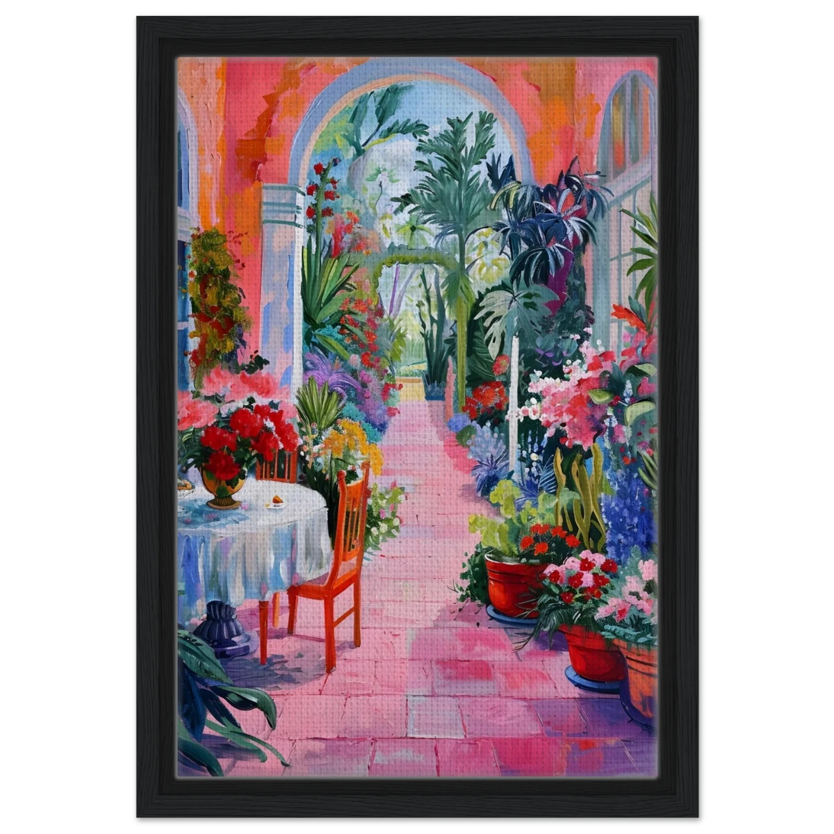 "Garden of Morning Light" – Blooming Terrace Escape | Wall Art Print - Framed Canvas - 30x45 cm / 12x18″ - Black frame