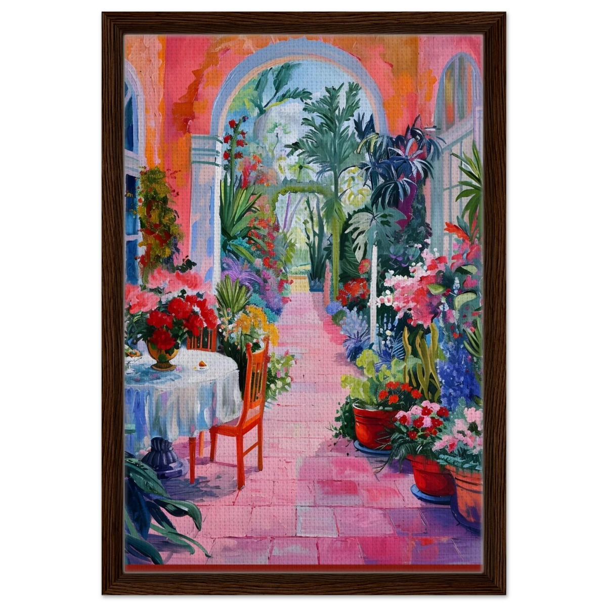 "Garden of Morning Light" – Blooming Terrace Escape | Wall Art Print - Framed Canvas - 40x60 cm / 16x24″ - Dark wood frame