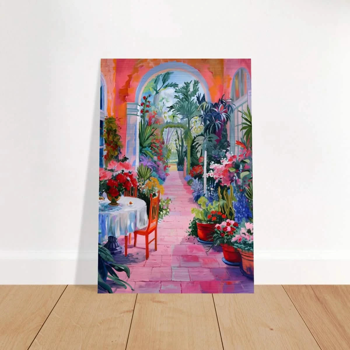 "Garden of Morning Light" – Blooming Terrace Escape | Wall Art Print - Brushed Aluminum Print - 60x90 cm / 24x36″ -