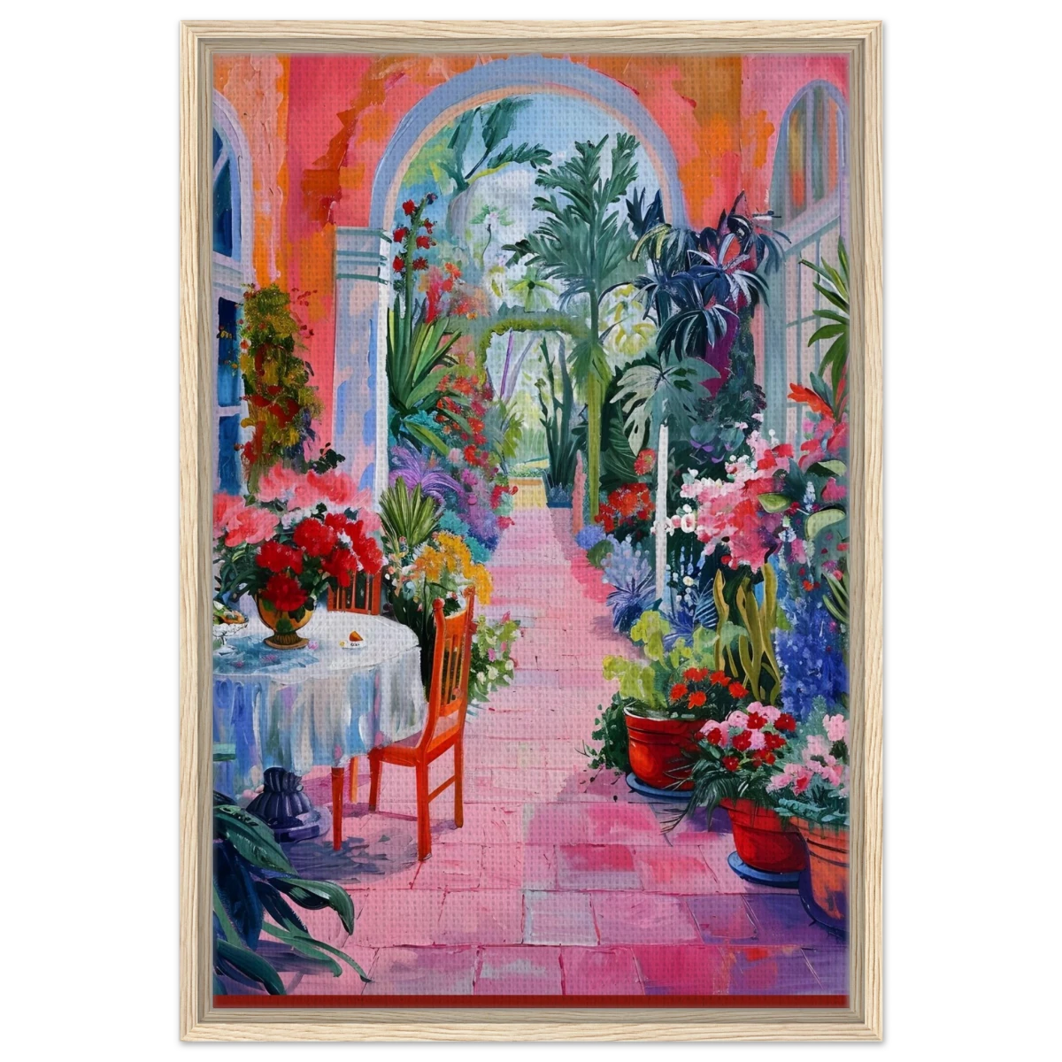"Garden of Morning Light" – Blooming Terrace Escape | Wall Art Print - Framed Canvas - 50x75 cm / 20x30″ - Wood frame