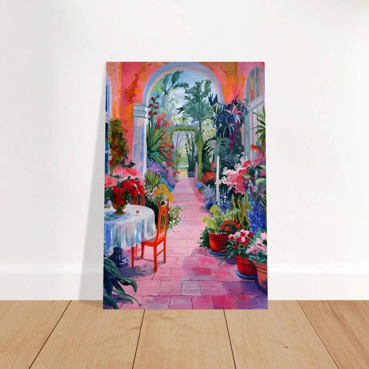 "Garden of Morning Light" – Blooming Terrace Escape | Wall Art Print - Brushed Aluminum Print - 30x45 cm / 12x18″ -