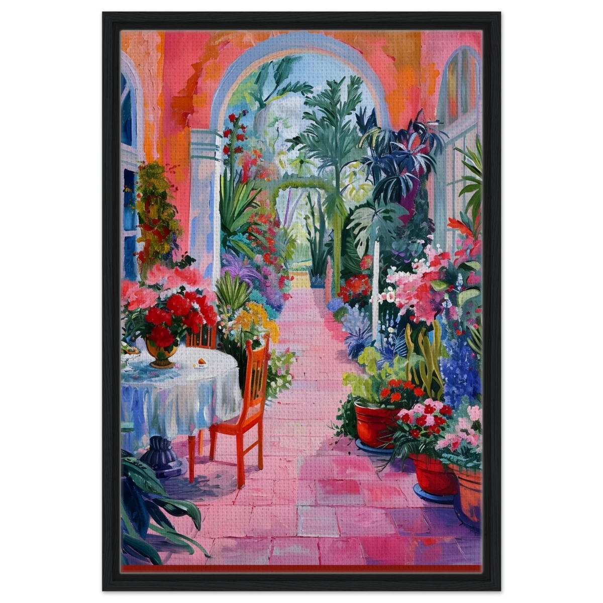 "Garden of Morning Light" – Blooming Terrace Escape | Wall Art Print - Framed Canvas - 50x75 cm / 20x30″ - Black frame