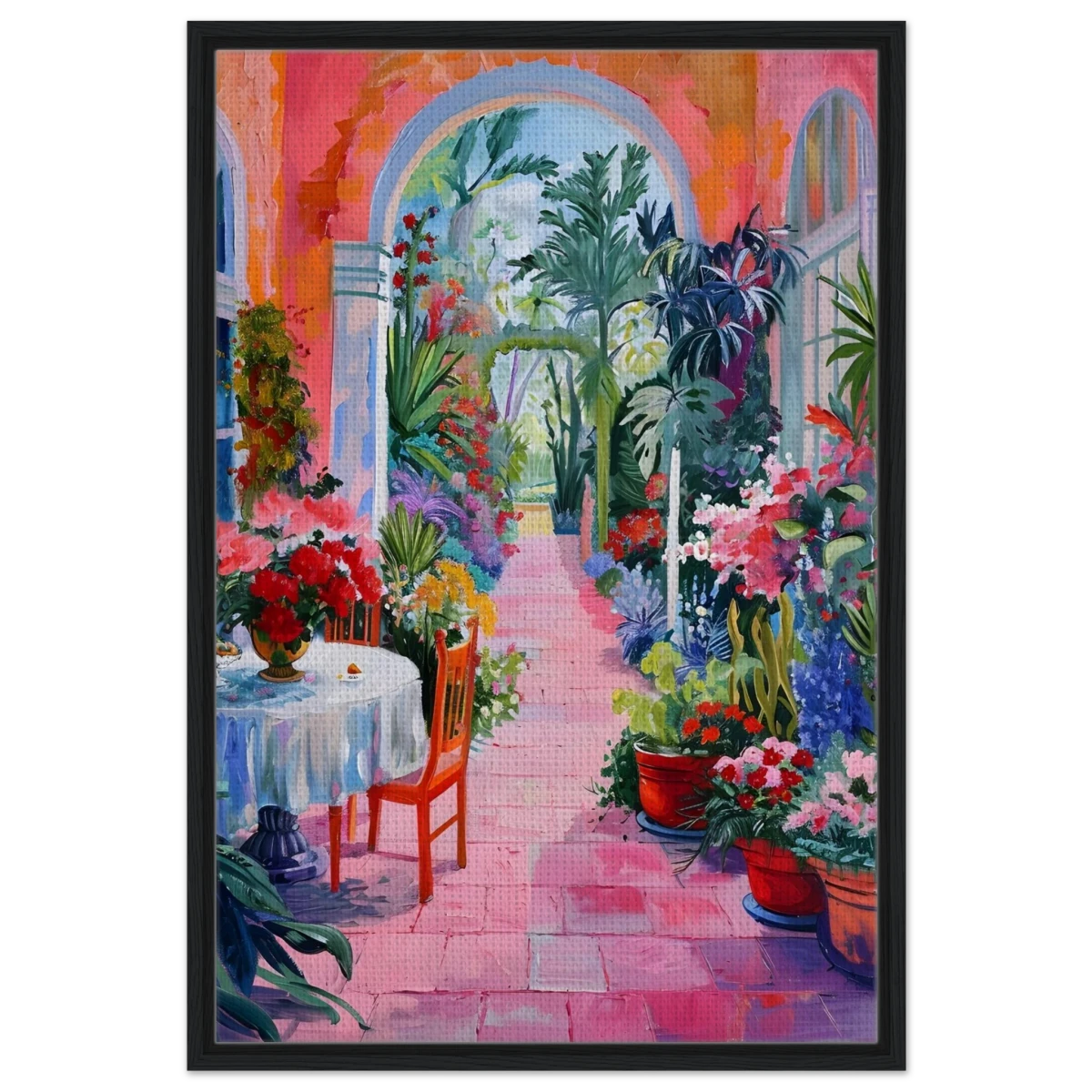 "Garden of Morning Light" – Blooming Terrace Escape | Wall Art Print - Framed Canvas - 60x90 cm / 24x36″ - Black frame