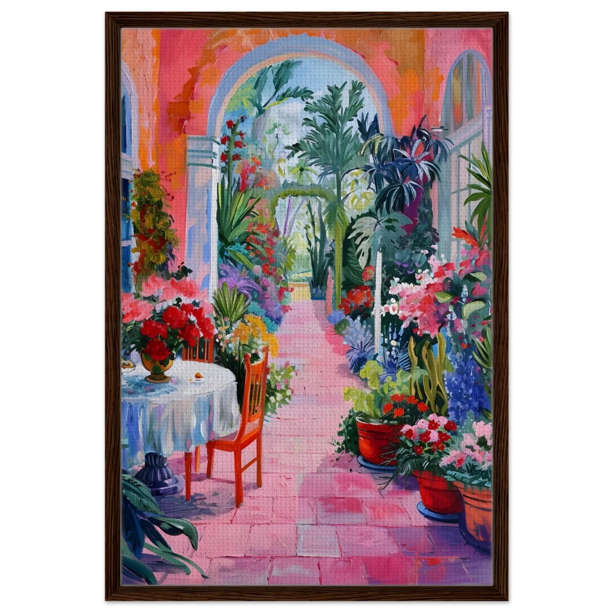 "Garden of Morning Light" – Blooming Terrace Escape | Wall Art Print - Framed Canvas - 60x90 cm / 24x36″ - Dark wood frame