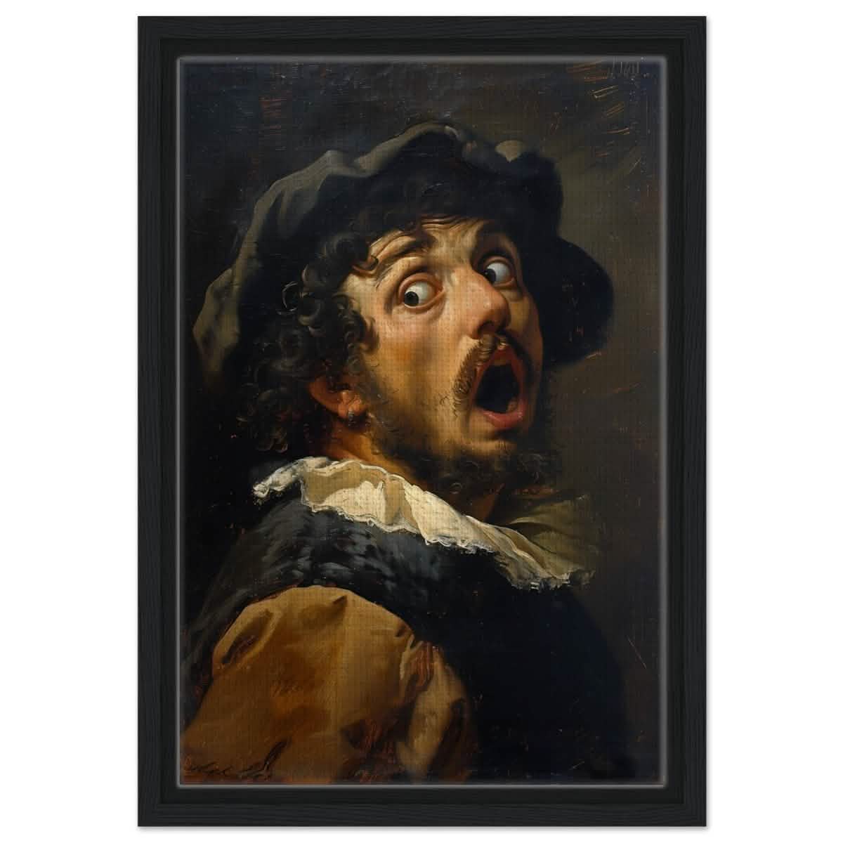 Gasp of the Renaissance: The Startled Man | Vintage painting art print - Framed Canvas - 30x45 cm / 12x18″ - Black frame