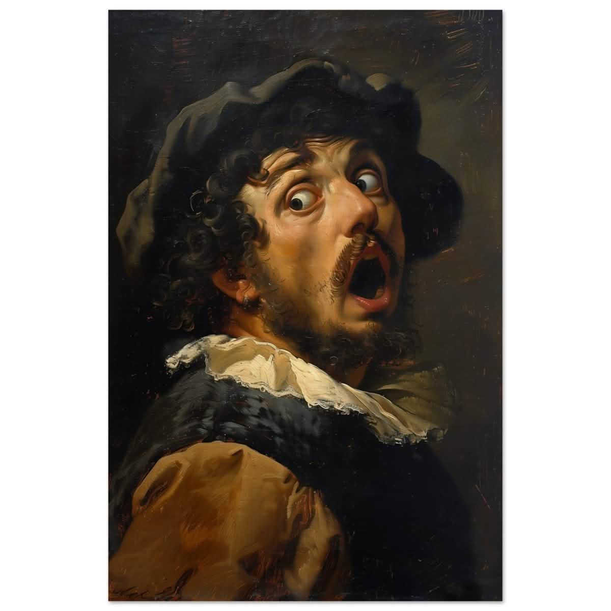 Gasp of the Renaissance: The Startled Man | Vintage painting art print - Wood Prints - 40x60 cm / 16x24″ -