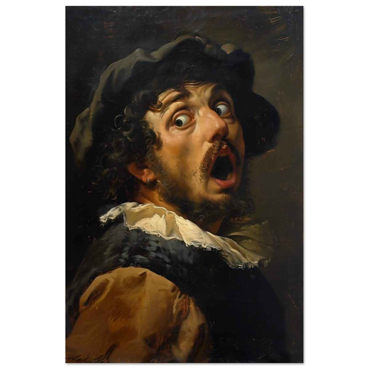 Gasp of the Renaissance: The Startled Man | Vintage painting art print - Wood Prints - 30x45 cm / 12x18″ -