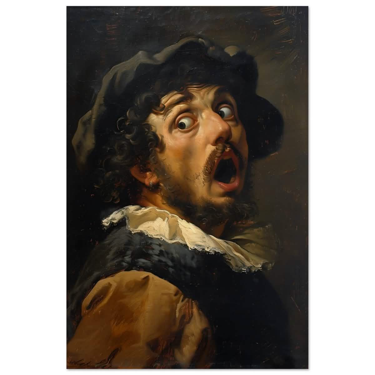 Gasp of the Renaissance: The Startled Man | Vintage painting art print - Wood Prints - 60x90 cm / 24x36″ -