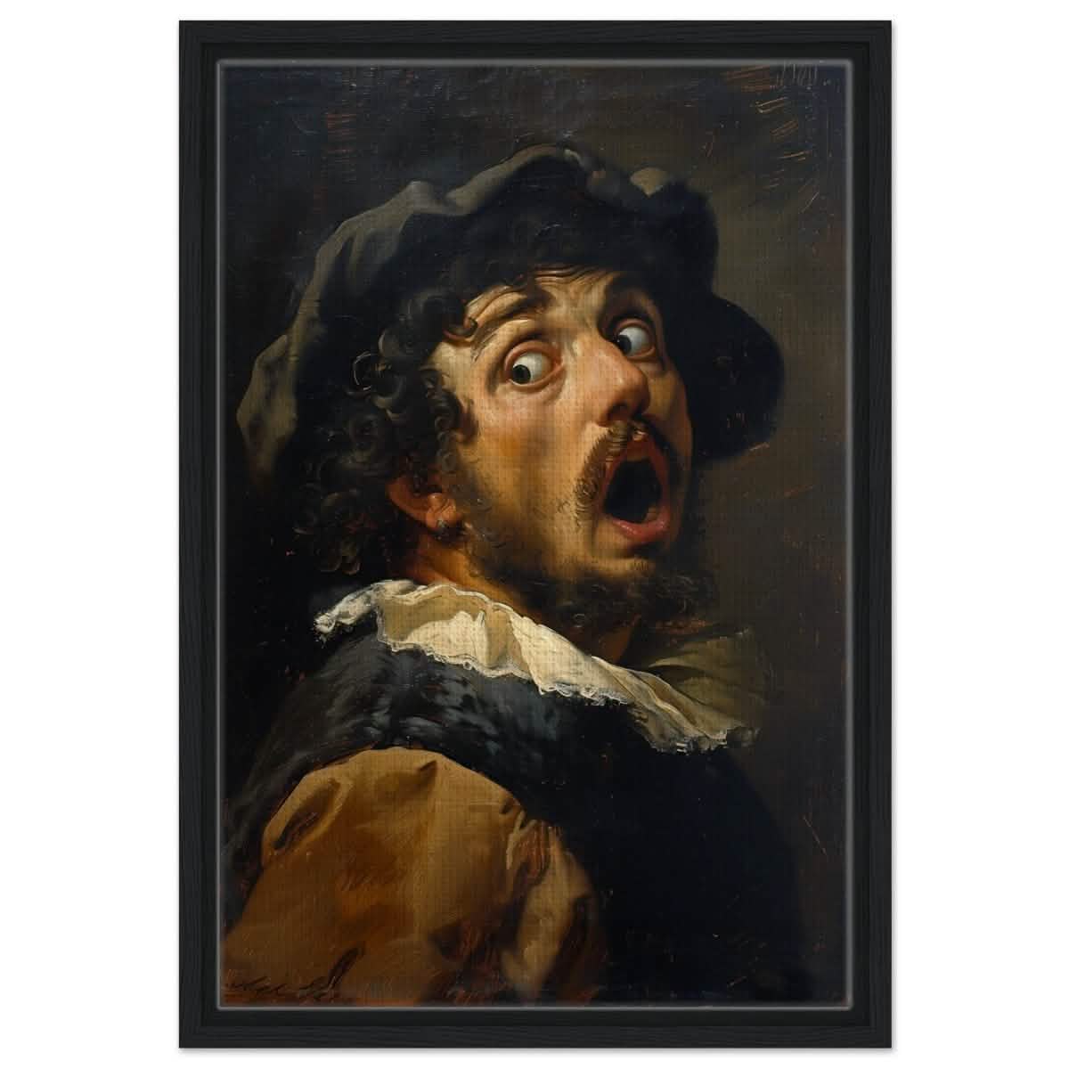 Gasp of the Renaissance: The Startled Man | Vintage painting art print - Framed Canvas - 40x60 cm / 16x24″ - Black frame