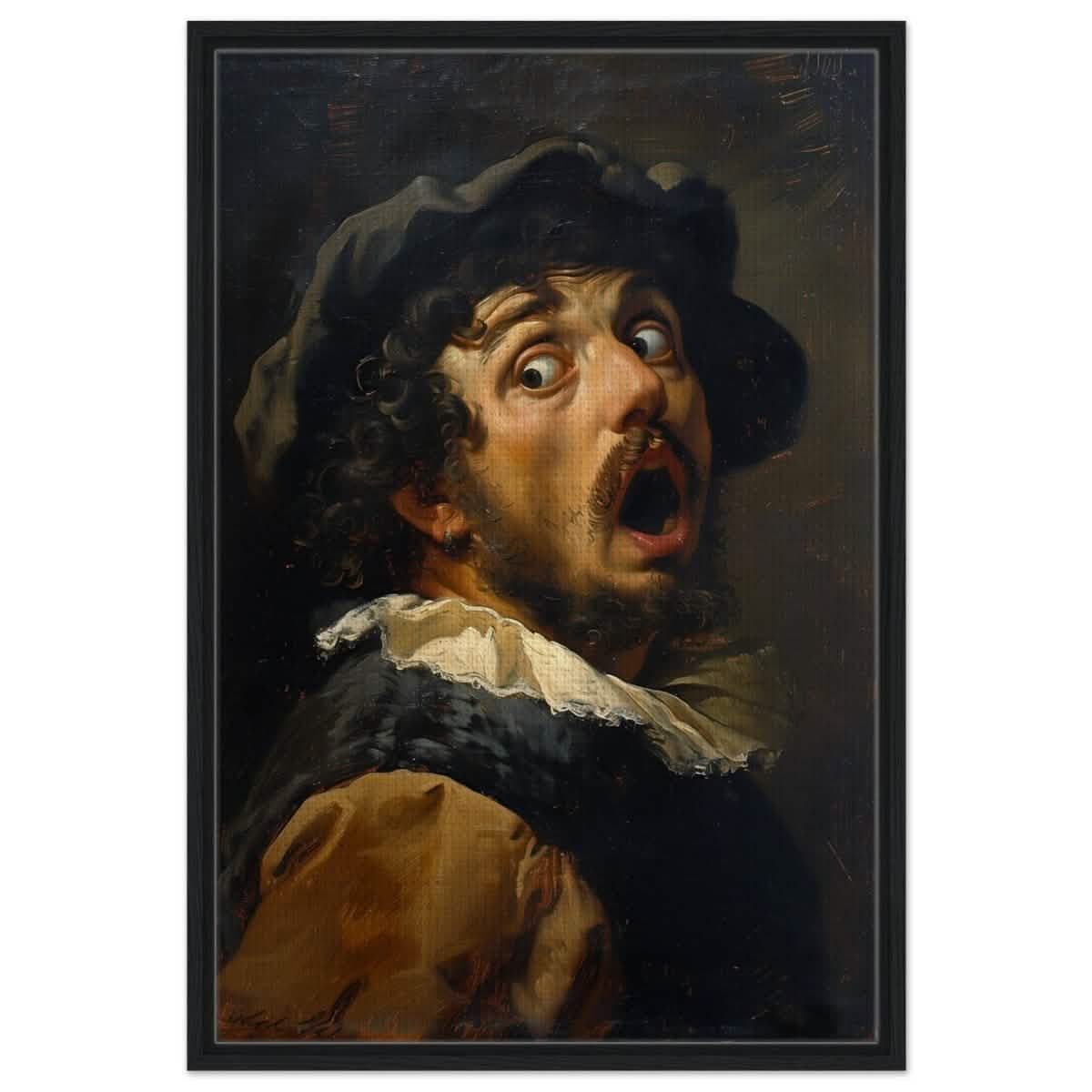 Gasp of the Renaissance: The Startled Man | Vintage painting art print - Framed Canvas - 60x90 cm / 24x36″ - Black frame