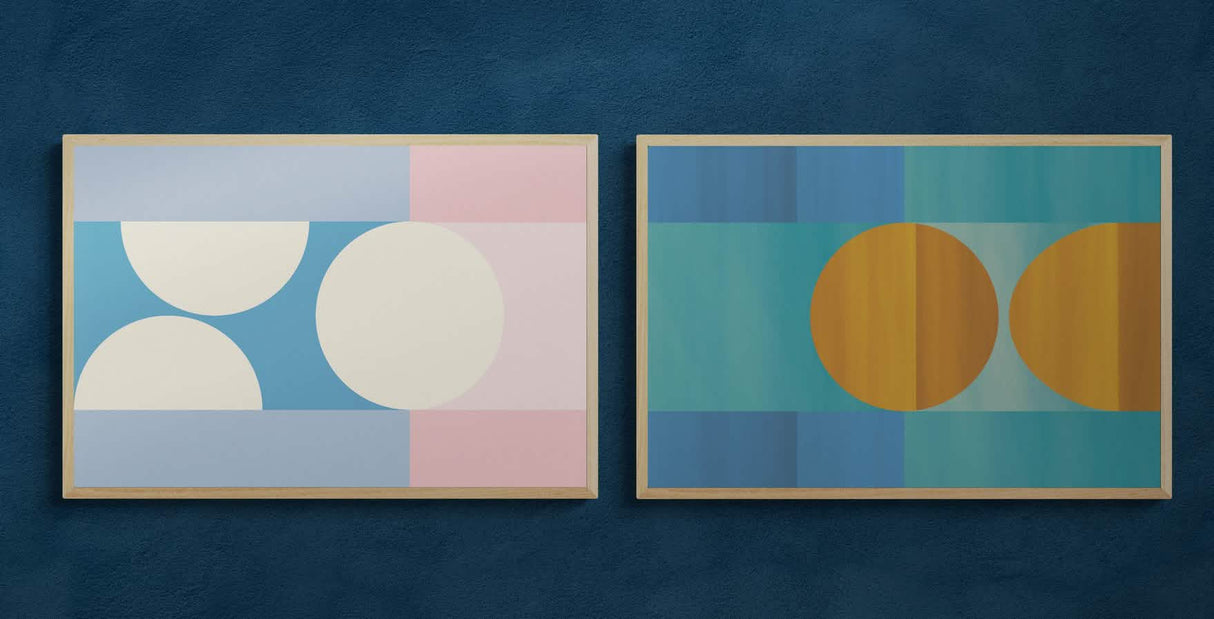 Geometric Harmony Duo – Set of 2 Abstract Wall Art Prints - Framed Canvas - 30X45 CM / 12X18″ - Black frame