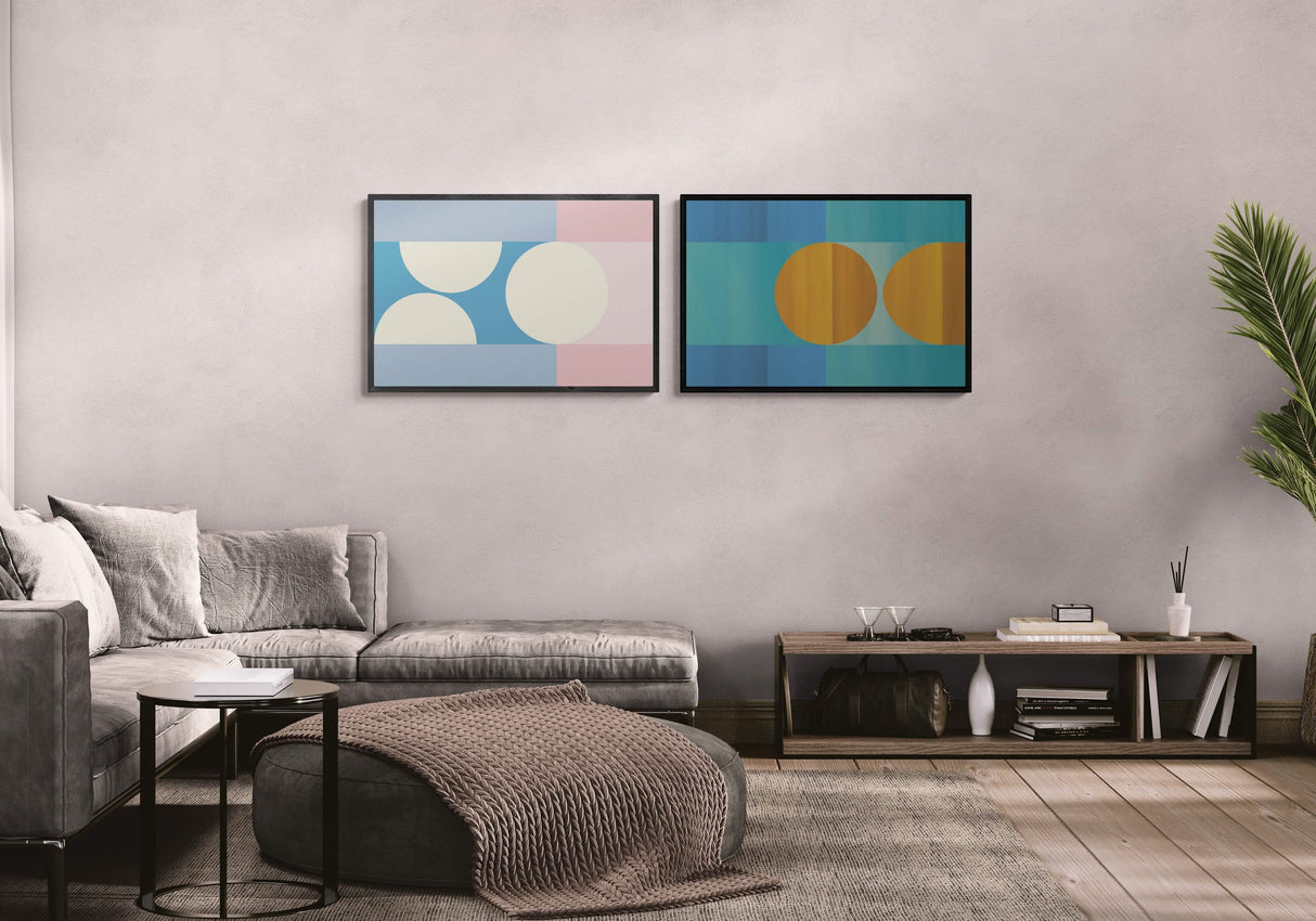 Geometric Harmony Duo – Set of 2 Abstract Wall Art Prints - Framed Canvas - 30X45 CM / 12X18″ - Black frame