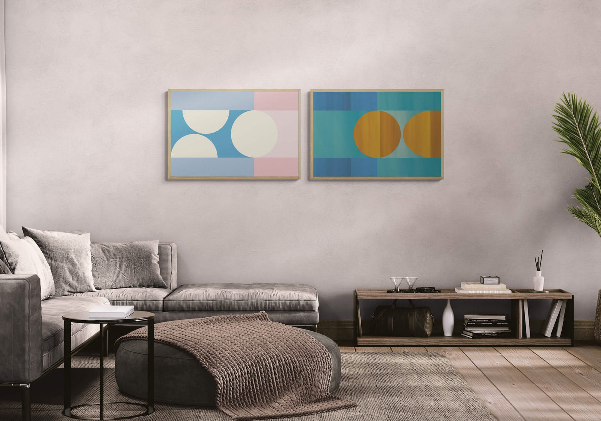 Geometric Harmony Duo – Set of 2 Abstract Wall Art Prints - Framed Canvas - 30X45 CM / 12X18″ - Wood frame