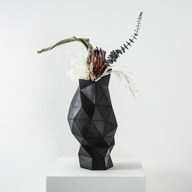 Geometric Resin Vase – Modern Abstract Triangle Design (Black & Brown) - Black -