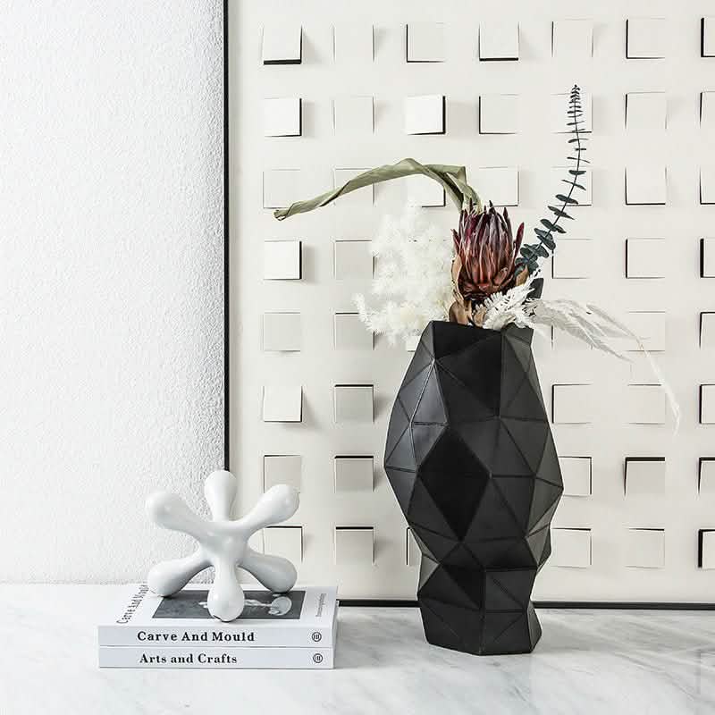Geometric Resin Vase – Modern Abstract Triangle Design (Black & Brown) - Black -