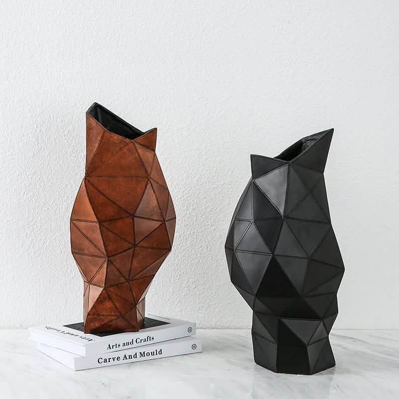 Geometric Resin Vase – Modern Abstract Triangle Design (Black & Brown) - Black -