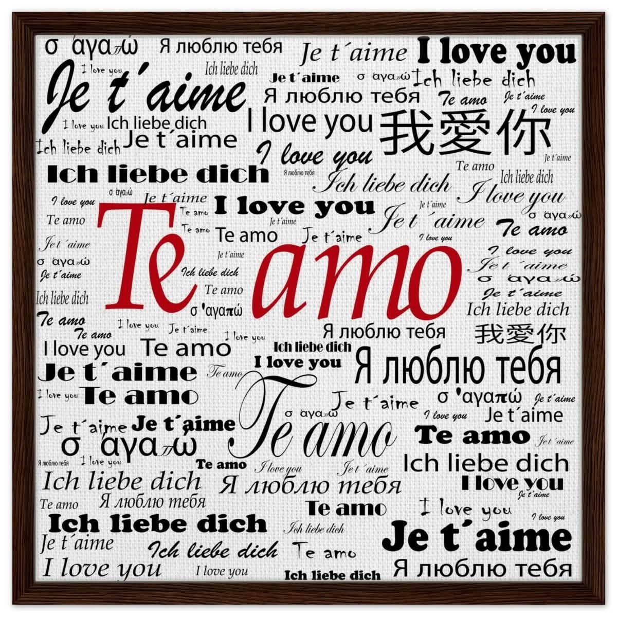 Global Love - Words Across Borders | Digital Pop Art - Framed Canvas - 60x60 cm / 24x24″ - Dark wood frame
