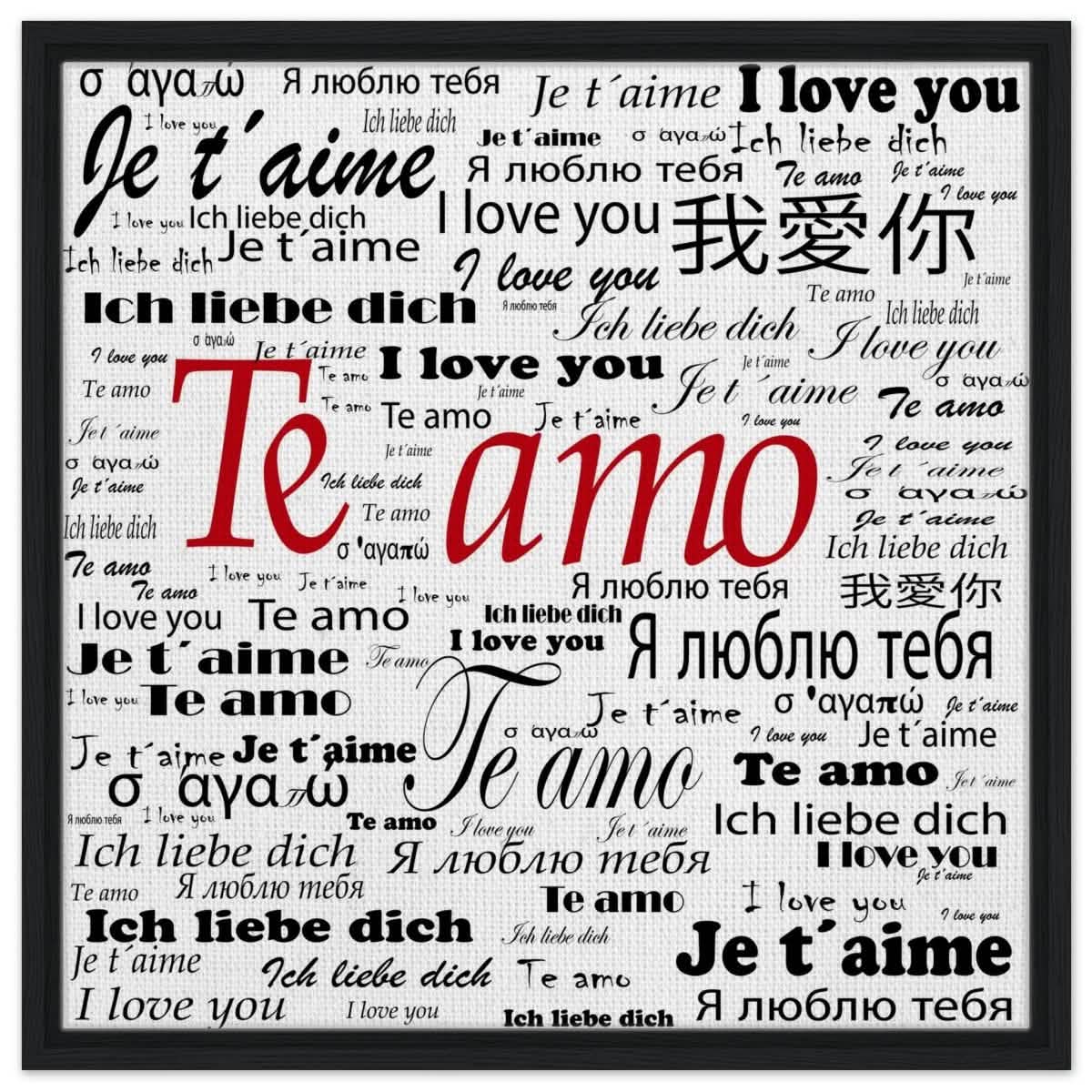 Global Love - Words Across Borders | Digital Pop Art - Framed Canvas - 60x60 cm / 24x24″ - Black frame