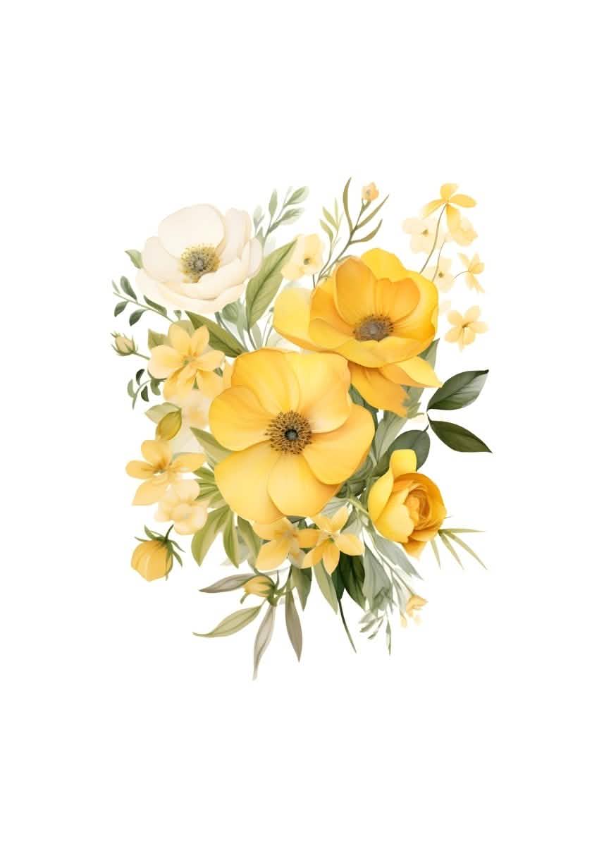 "Golden Bloom Harmony" V02 – Watercolor Yellow Floral Elegance | Wall Art Print | 4 Design Options - 20x30 cm / 8x12" - Design Option 2 - Canvas