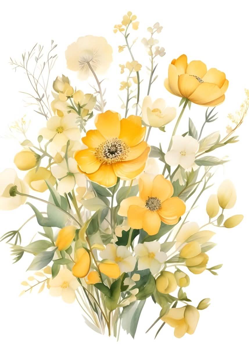 "Golden Bloom Harmony" – Watercolor Yellow Floral Elegance | Wall Art Print | 6 Design Options - 20x30 cm / 8x12" - Design Option 3 - Canvas
