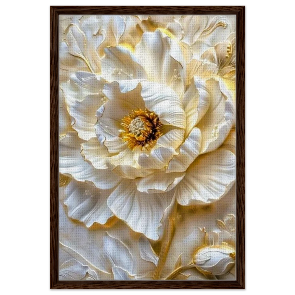 Golden Blossom – A Luxurious Floral Masterpiece | Floral Wall art Print - Framed Canvas - 50x75 cm / 20x30″ - Dark wood frame